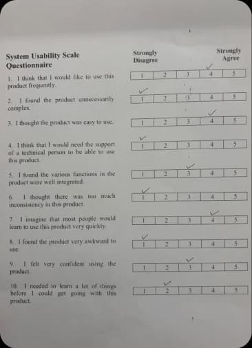 Completed System Usability Scale questionnaire, participant 1