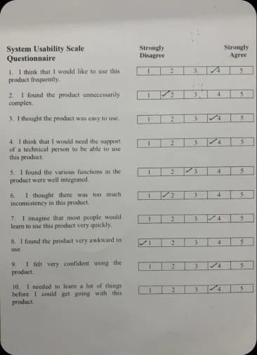 Completed System Usability Scale questionnaire, participant 3