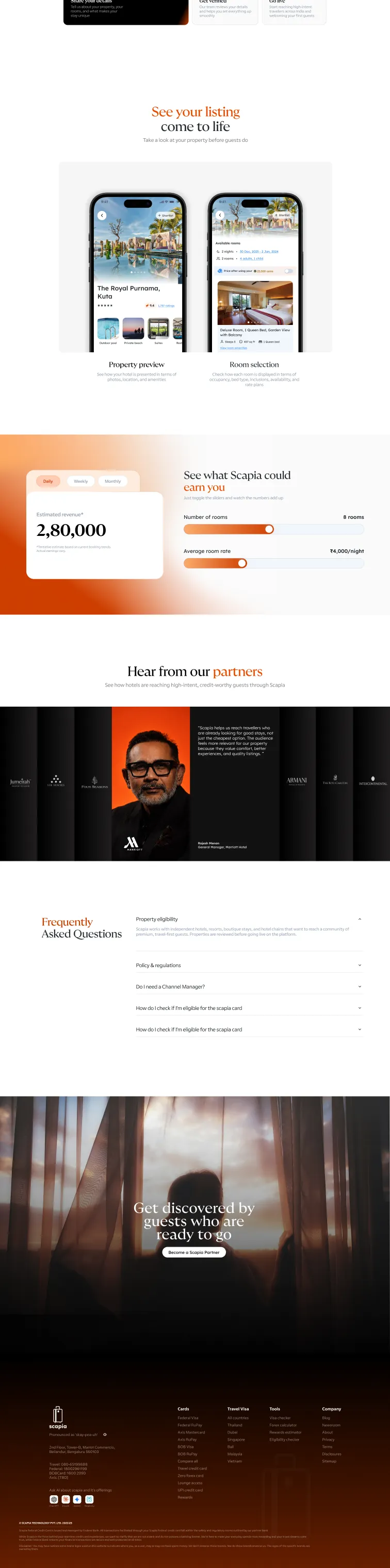 The Scapia Partner website, bottom half: stories, frequently asked questions and footer