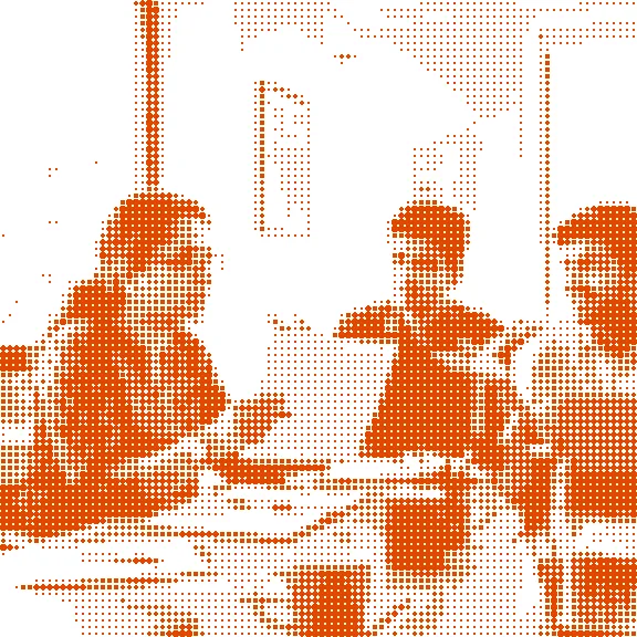 Comic panel: Priya at a table with two colleagues, with laptops and papers