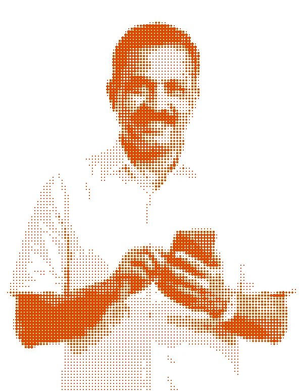 Halftone portrait of Ramesh Nair, an independent hotel owner