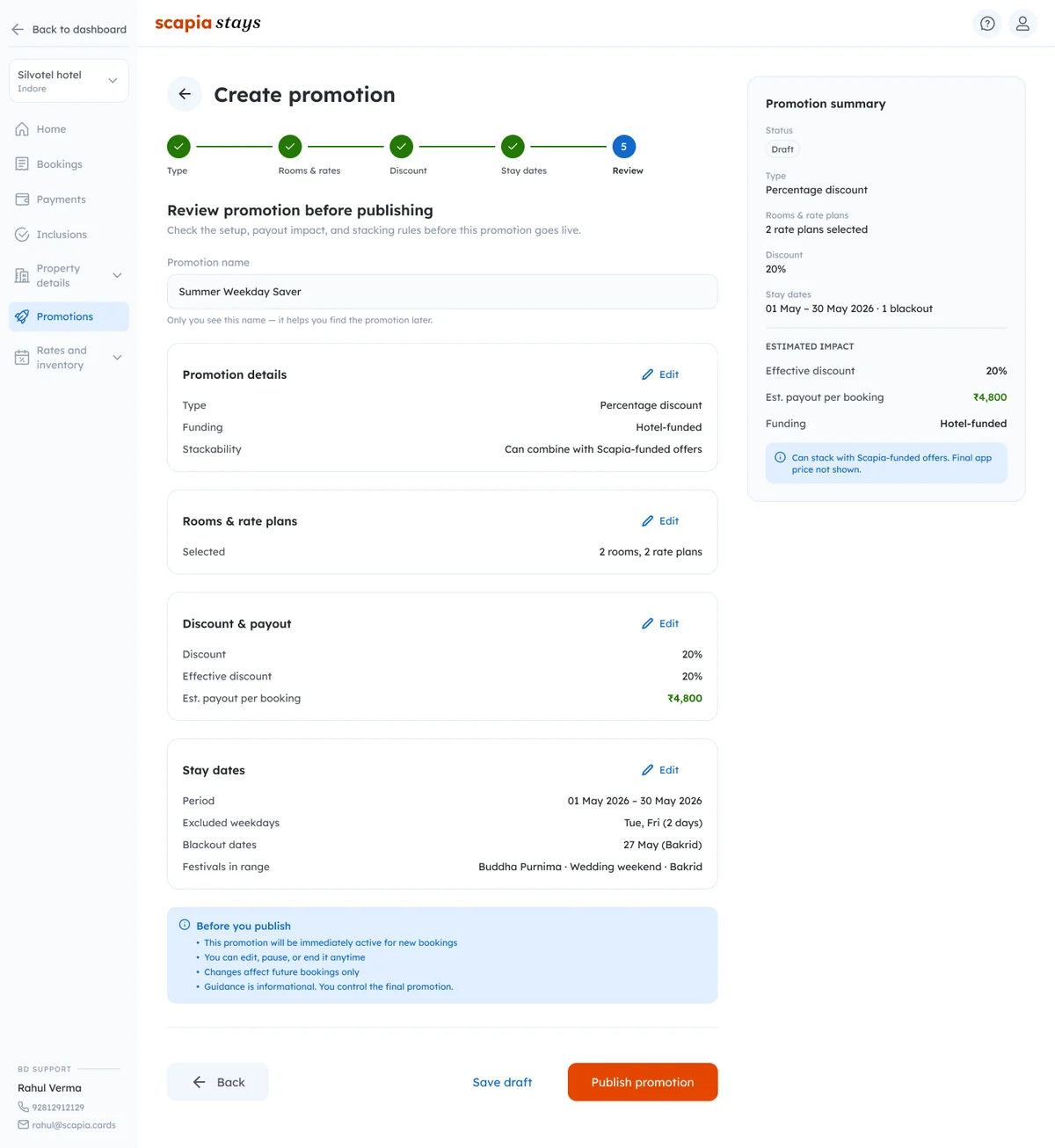 Create promotion, review step: payout, blackout dates and festivals in range