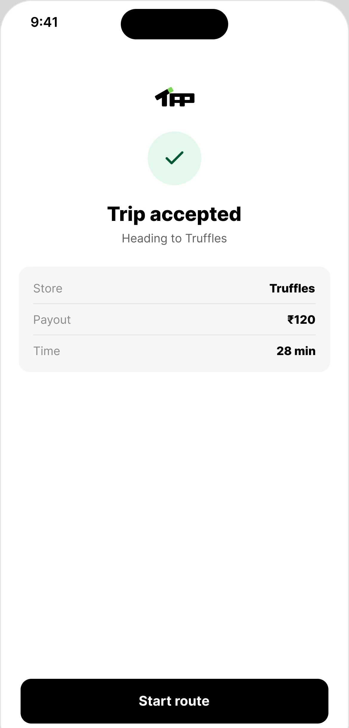 Trip accepted, heading to Truffles, with a Start route button