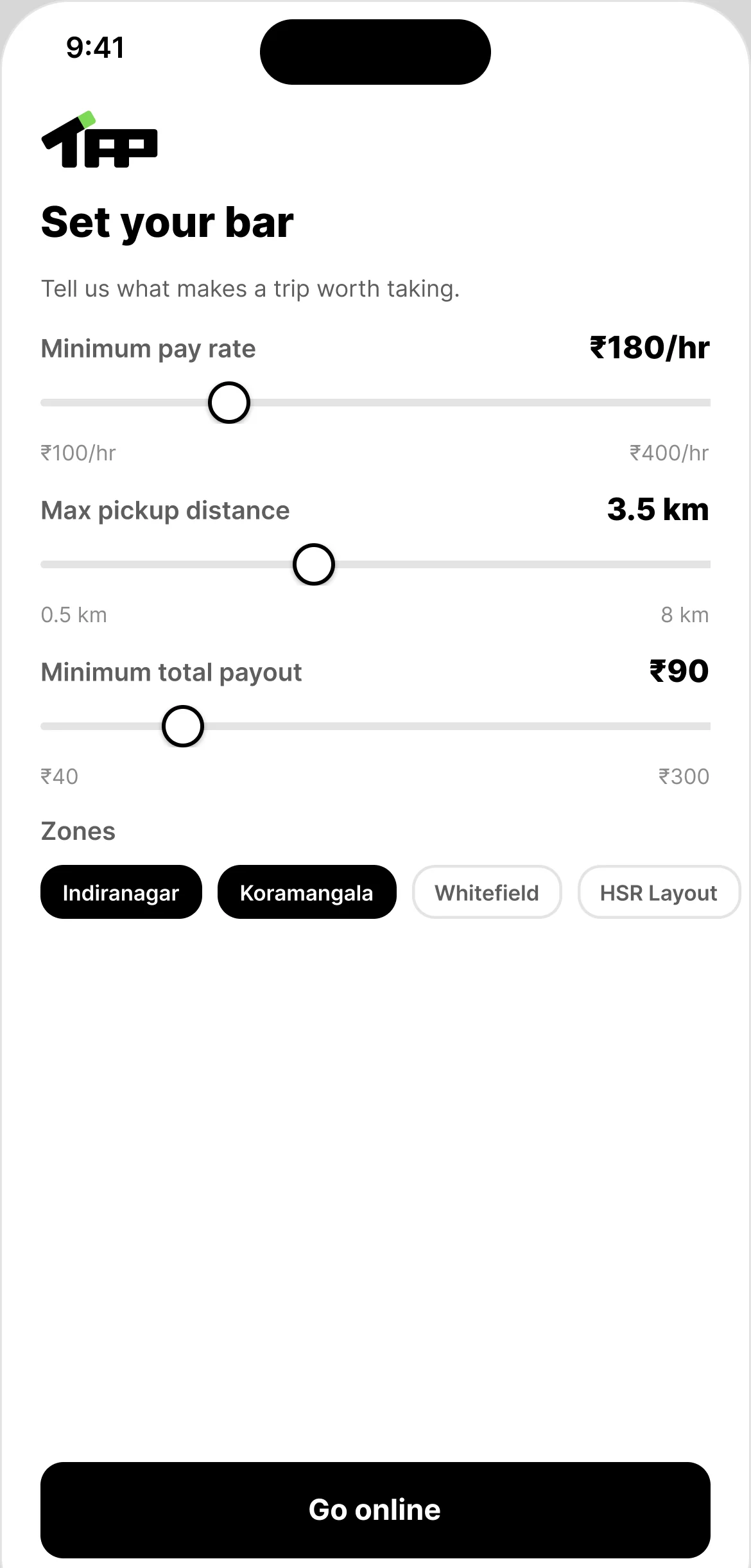 Set your bar: sliders for minimum pay rate (₹180/hr), maximum pickup distance (3.5 km) and minimum payout (₹90), and zone chips
