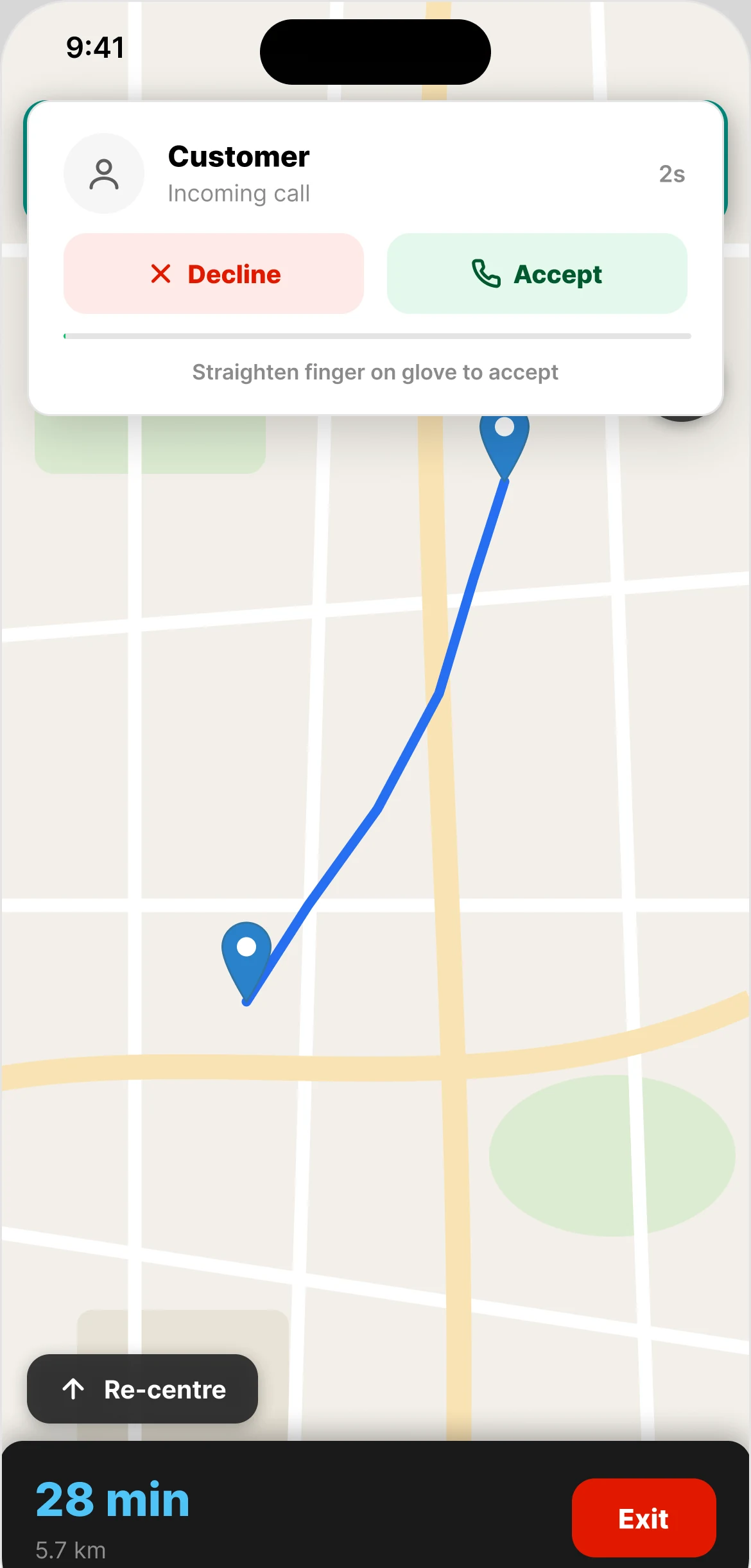 The incoming call sliding in over the map