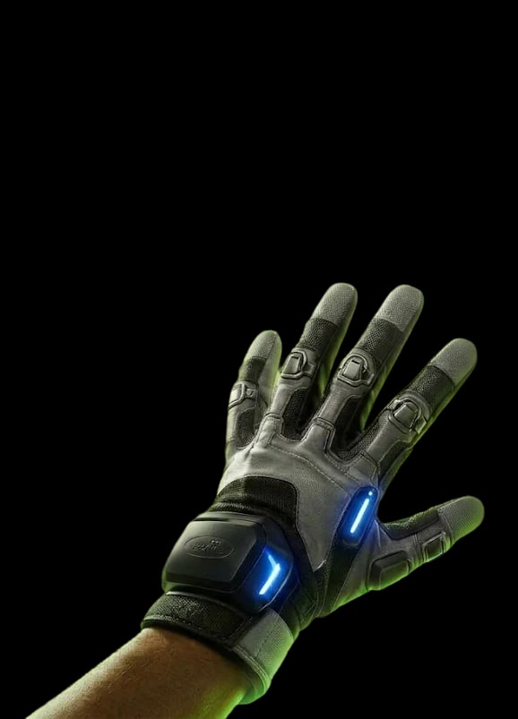 A raised hand in a black riding glove with blue status lights at the knuckle and wrist
