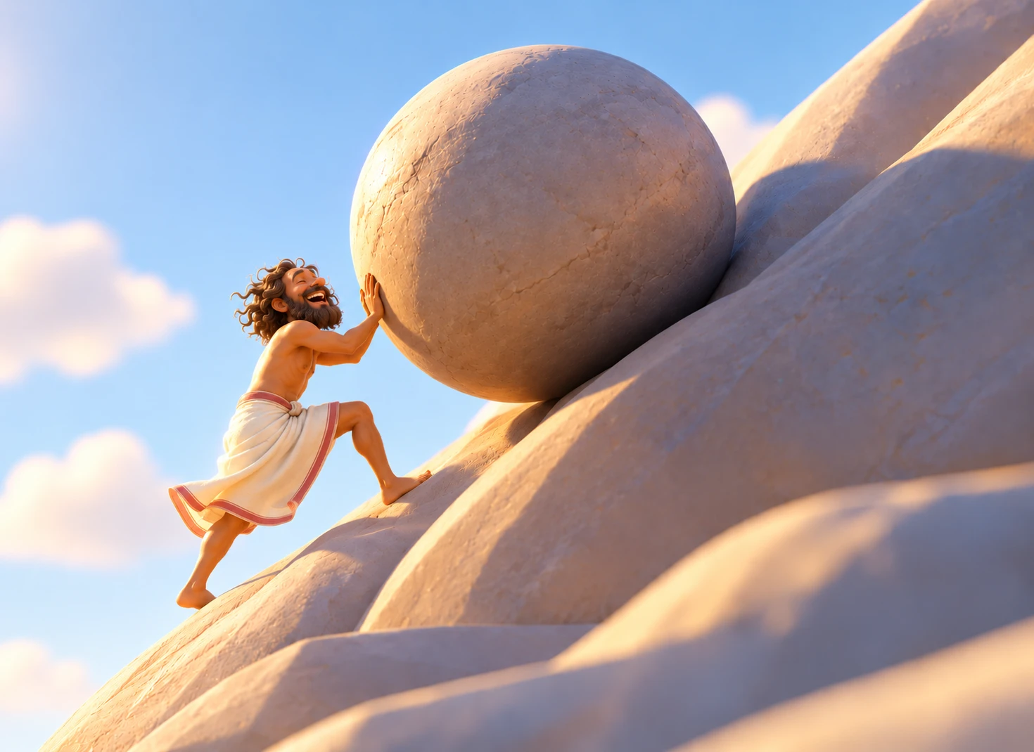 Naranathu Bhranthan, laughing, pushing a huge stone up the same kind of hill