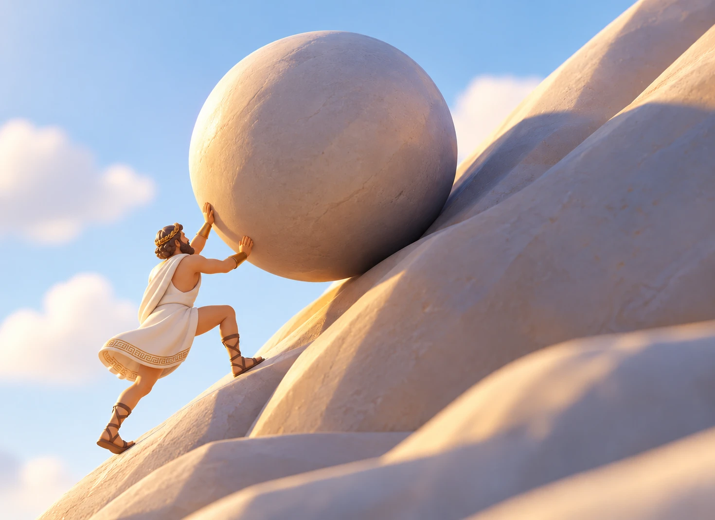 Sisyphus in a white tunic pushing a huge stone up a sunlit rocky hill