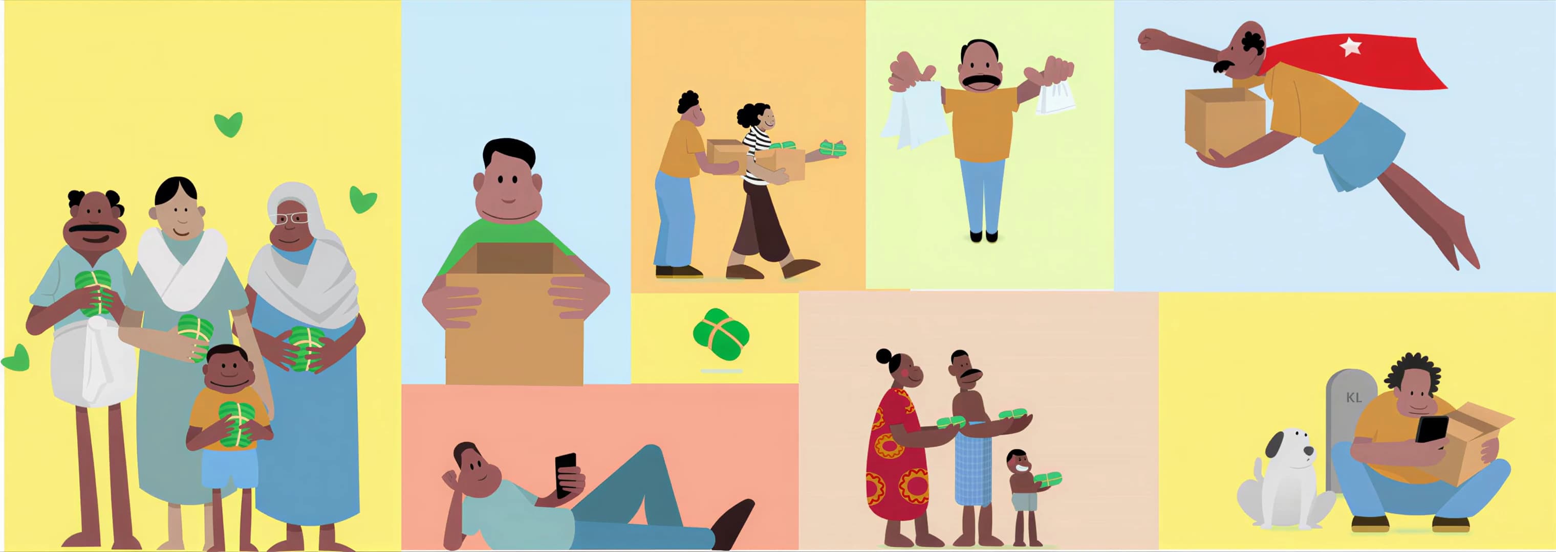 Flat illustrations of families, volunteers and a flying hero carrying meal boxes on coloured panels