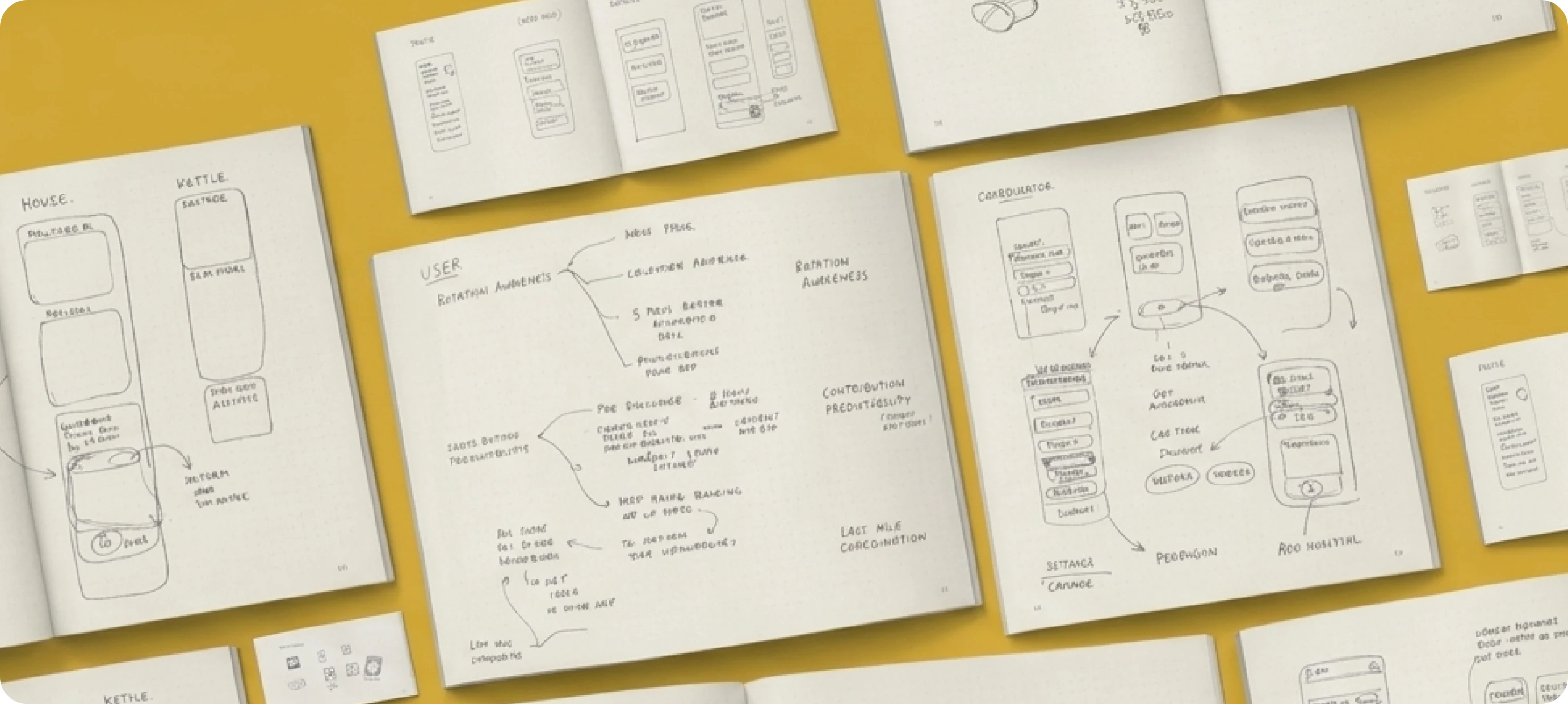 Sketchbook spreads on a yellow table with hand-drawn app screens and flow diagrams