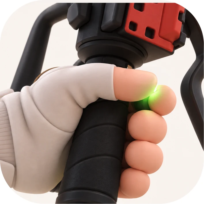 A gloved hand pinching index finger and thumb on a scooter grip, a green light at the fingertip